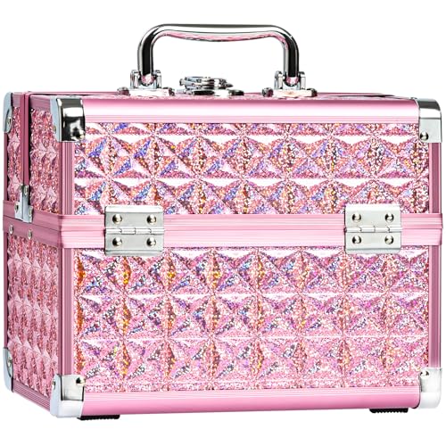 Makeup Case Organizer,Makeup Train Case, Trays Cosmetic Box Portable, Profesional for Salon Barber,Pink - color: Pink