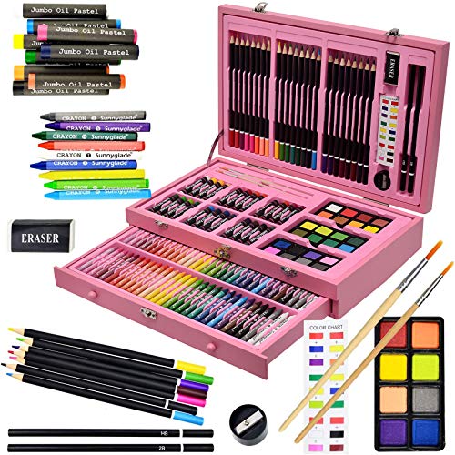 Sunnyglade 145 Piece Deluxe Art Set, Wooden Art Box & Drawing Kit with Crayons, Oil Pastels, Colored Pencils, Watercolor Cakes, Sketch Pencils, Paint Brush, Sharpener, Eraser, Color Chart (Pink) - color: Pink