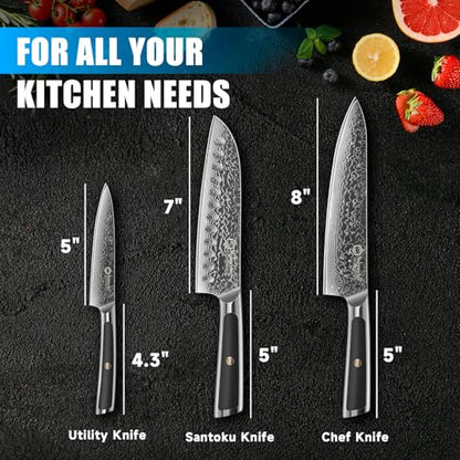 Sunnecko Damascus Kitchen Knife Set 3 Piece, Sharp Chef Knife Set Professional Kitchen Knives Sets Full Tang with Gift Box - size: Set of 3