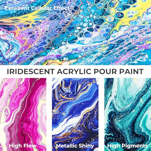 Nicpro 8 Colors Iridescent Metallic Acrylic Pour Paint Supplies Kit 8.45oz | Large Ready to Pour Premixed High Flow Pouring Paint Set with Silicone Pouring Oil, Gloves, Instructions for Beginner DIY - color: 8 Colors