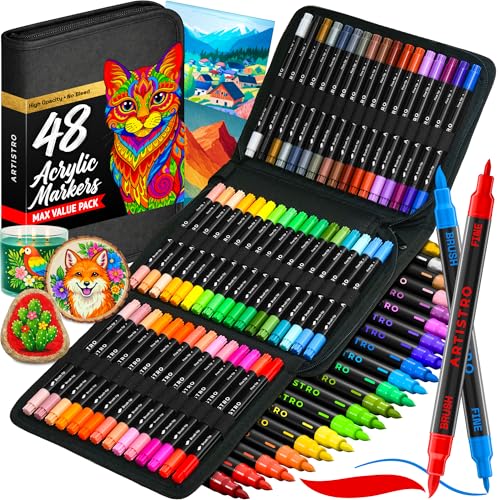 ARTISTRO Acrylic Paint Pens With Storage Bag for Calligraphy - Markers With Brush and Fine Precision Tips - Multisurface Painting for Fabric, Rock, Glass, and More - size: 48 Count (Pack of 1)