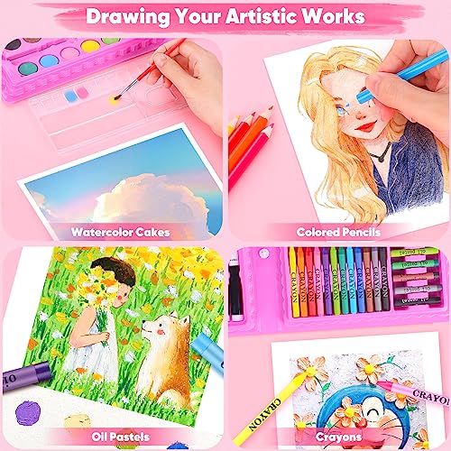 iBayam Art Supplies, 149-Pack Drawing Kit Painting Art Set Art Kits Gifts Box, Arts and Crafts for Kids Girls Boys, with Coloring Book, Crayons, Pastels, Pencils, Watercolor Pens & Cakes (Pink) - color: Pink