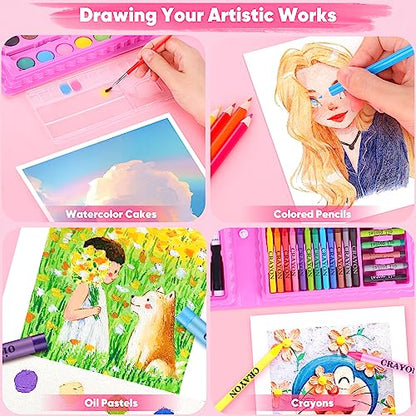iBayam Art Supplies, 149-Pack Drawing Kit Painting Art Set Art Kits Gifts Box, Arts and Crafts for Kids Girls Boys, with Coloring Book, Crayons, Pastels, Pencils, Watercolor Pens & Cakes (Pink) - color: Pink