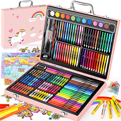 Soucolor Arts and Crafts Supplies, 183-Pack Drawing Painting Set for Kids Girls Boys Teens, Coloring Art Kit Gift: Crayons, Oil Pastels, Watercolors Cake, Colored Pencils Markers, Sketch Paper - style: Pink