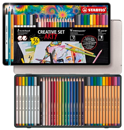 STABILO Fineliner, Premium Fiber-Tip Pen with Brush Tip, Aquarellable Colouring Pencil - point 88, Pen 68 brush, STABILOaquacolor ARTY - Tin of 36 - Assorted Colors - size: 36 Count (Pack of 1), style: point 88, Pen 68 brush, STABILOaquacolor