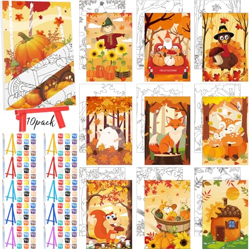Blosssound 10 Set Fall Thanksgiving Pre Printed Canvas Autumn Pre Drawn Canvas Painting with Easel Kits 5" x 7" Outline Painting Panels for Beginners, DIY Craft Project, Home Decors - style: Autumn