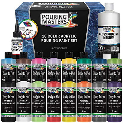 Pouring Masters 16-Color Ready-to-Pour Acrylic Pouring Paint Set, with Silicone Oil & Gloss Medium, 8oz Bottles for Canvas & Crafts - size: 16 Count (Pack of 1)