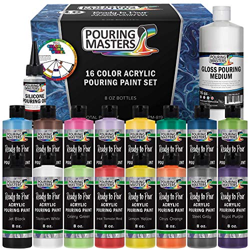 Pouring Masters 16-Color Ready-to-Pour Acrylic Pouring Paint Set, with Silicone Oil & Gloss Medium, 8oz Bottles for Canvas & Crafts - size: 16 Count (Pack of 1)