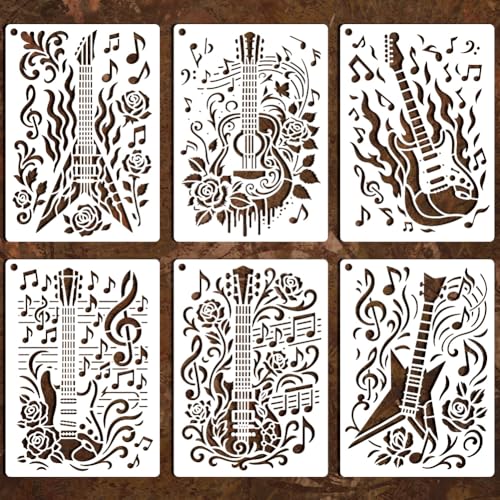 6 Sheets Texture Guitar Stencils for Painting, 6 Styles Musical Instruments Musical Note Wall Stencil Template Reusable Musical Theam Stencils for Painting on Wall Wood Home Decor - style: Guitar