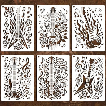 6 Sheets Texture Guitar Stencils for Painting, 6 Styles Musical Instruments Musical Note Wall Stencil Template Reusable Musical Theam Stencils for Painting on Wall Wood Home Decor - style: Guitar