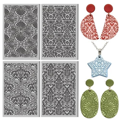 4 Pcs Damask Patterns Texture Pattern Polymer Clay Texture Sheet Rubber Clay Texture Mat for Polymer Clays Making Earrings Jewelry DIY Crafts, 4 × 2.5 Inch - style: Damask Patterns