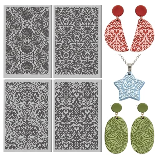 4 Pcs Damask Patterns Texture Pattern Polymer Clay Texture Sheet Rubber Clay Texture Mat for Polymer Clays Making Earrings Jewelry DIY Crafts, 4 × 2.5 Inch - style: Damask Patterns