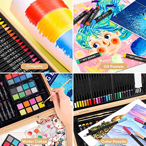 iBayam Art Supplies, 150-Pack Deluxe Wooden Art Set Crafts Drawing Painting Kit with 1 Coloring Book, 2 Sketch Pads, Creative Gift Box for Adults Artist Beginners Kids Girls Boys - color: Natural