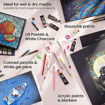 ARTEZA Mixed Media Paper Foldable Canvas Pad, 8x11 Inches, 20 Sheets, Black Paper