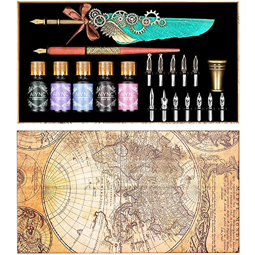 Feather Calligraphy Pen Ink Set, Mechanical Feather Pen and Wooden Dip Pen, 5 Colors of Ink, 12 Replacement Nibs, Pen Holder, Envelope and Letter Paper (Green) - color: Green