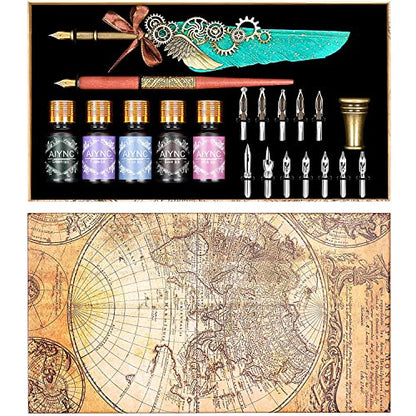 Feather Calligraphy Pen Ink Set, Mechanical Feather Pen and Wooden Dip Pen, 5 Colors of Ink, 12 Replacement Nibs, Pen Holder, Envelope and Letter Paper (Green) - color: Green