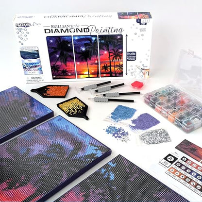 ArtSkills Diamond Painting Kit, Diamond Art on Framed Canvas with Gem Storage Case and Accessory Kit, Beach, 3 Stretched Canvas Panels, 14” x 7” Each - color: Beach