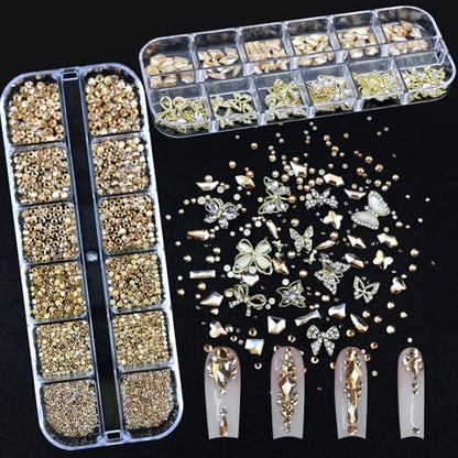 Nail Art Charms Rhinestones with Glue Gel Champagne Nail Rhinestones Supplies Accessories Gold Butterfly Multi Shape Crystal AB Rhinestone Nails Gems Jewelry for Women Nails Design - color: Colorful-25