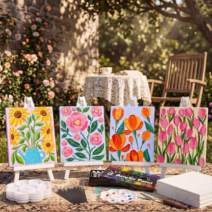 Cholemy 36 Pcs Paint and Sip Kit for Adults 8''x10'' Pre Drawn Canvas for Painting DIY Afro Acrylic Painting Kit Wood Easel Brushes Date Night Bulk for Summer 4th of July Party Gift(Fresh Flowers) - style: Fresh Flowers