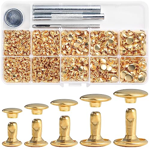 YORANYO 340 Sets Leather Rivets Kit Mixed Sizes Rivets for Leather Double Cap Rivets Studs for Clothing Fabric with Leather Crafting Rivet Tool for Repair Decorate Clothes Shoes Bags Belts (Gold) - color: Gold