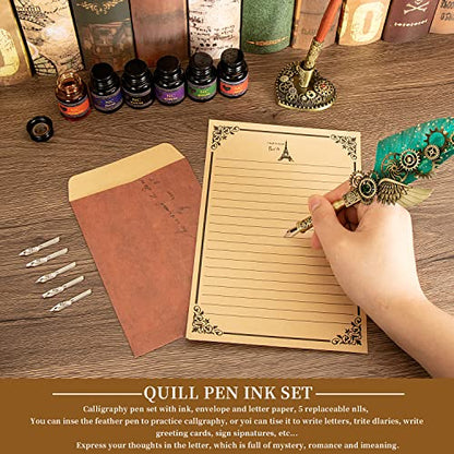 NC Quill Pen and Ink Set, Feather Calligraphy Pen Set, Wax Seal Stamp Set, Valentine's Day Gift for Writing Lovers, Various Holiday Ideal Gift (Green) - color: Green
