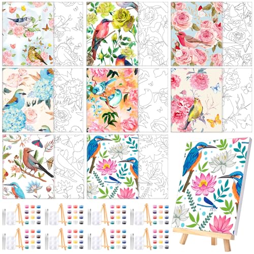 8 Sets 8" x 10" Flower and Bird Pre Drawn Canvas for Painting for Sip and Paint Party Predrawn Coloring Set Pre Sketched Canvas Boards with Paints and Brushes for Adult - style: Flower and Bird