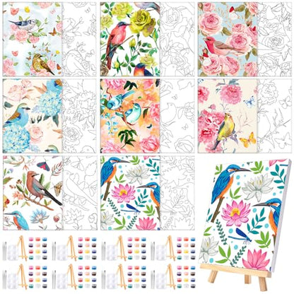 8 Sets 8" x 10" Flower and Bird Pre Drawn Canvas for Painting for Sip and Paint Party Predrawn Coloring Set Pre Sketched Canvas Boards with Paints and Brushes for Adult - style: Flower and Bird