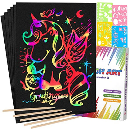 Mocoosy 60 PCS Rainbow Scratch Art Paper for Kids, Magic Scratch Paper Off Set Art and Craft Supplies, Black Scratch Pads Party Game Activities Birthday Gifts for Girls Boys 3 4 5 6 7 8 9 Years Old