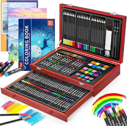 iBayam Art Supplies, 150-Pack Deluxe Wooden Art Set Crafts Drawing Painting Kit with 2 -Sketch Pads, 1-Coloring Book, Gift Box for Kids Adults Artist Beginners Teens Girls Boys 5 6 7 8 9 10 11 12 - color: Cherry