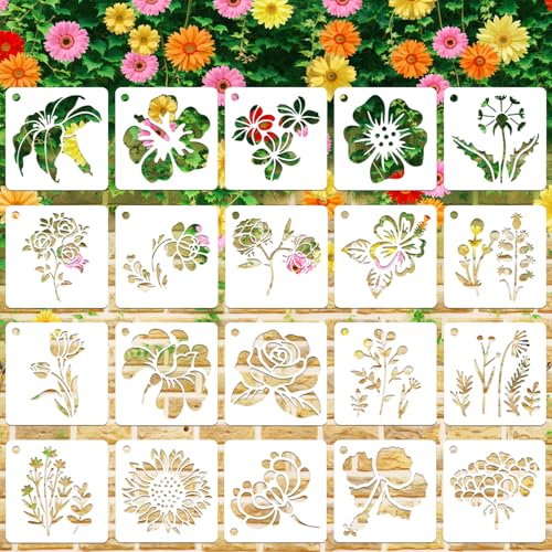 20 PCS 3 Inch Flower Stencils, Large Flower Plant Reusable Plastic Templates for Painting on Wood, Sunflower Rose Stencils Set for Rock Wood Canvas Drawing Art Fabric Tile Home DIY Craft Decoration - color: C