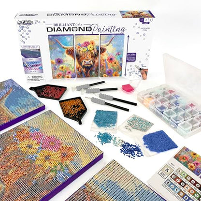 ArtSkills Diamond Painting Kit, Diamond Art Ready to Hang Framed Canvas with Storage and Accessory Kit, Highland Cow, 3 Stretched Canvas Panels, 14” x 7” Each - color: Highland Cow