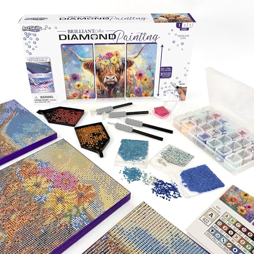 ArtSkills Diamond Painting Kit, Diamond Art Ready to Hang Framed Canvas with Storage and Accessory Kit, Highland Cow, 3 Stretched Canvas Panels, 14” x 7” Each - color: Highland Cow