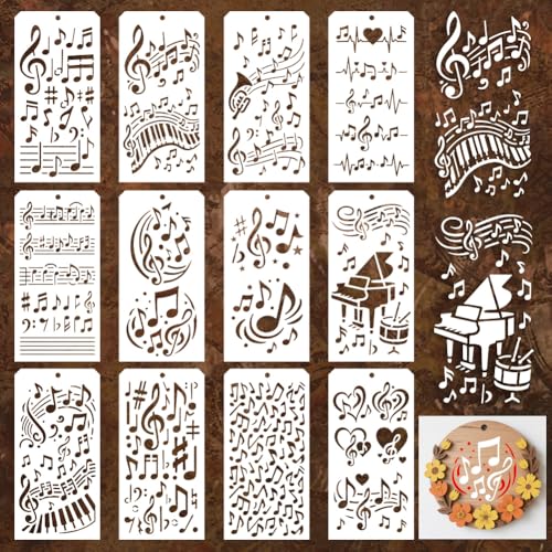 12 Sheets Musical Note Stencils for Painting, 12 Styles Reusable Musical Designs Drawing Templates Plastic Art PET Templates for Painting on Wall Wood Home Decor - style: Music