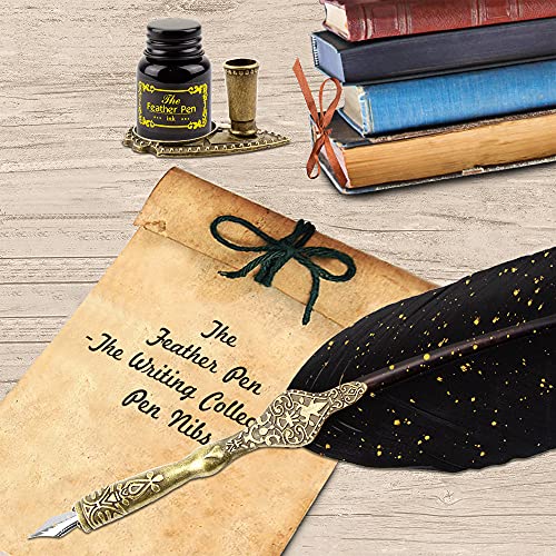 Quill Pen and Ink Set with Wax Seal Stamp - Black Feather Calligraphy Set for Beginners, Antique Dip Pen with 18 Nibs & Stand, Gift Boxed - color: BlackFeather