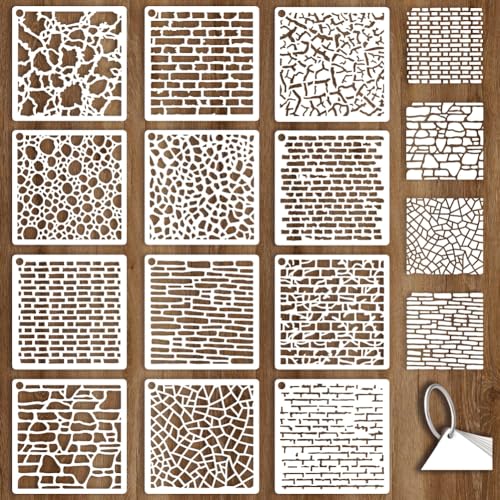 12 Sheets Mottled Brick Texture Stencils for Painting, 12 Styles Branch Cell Geometric Pattern Stencil Template Abstract Texture Stencils for Painting on Wall Wood Home Decor - style: Brick Wall Texture