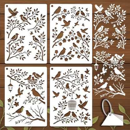 4 Sheets Bird Branches Stencils for Painting, 4 Styles Large Reusable Birds on Tree Drawing Template Birdcage Tree Silhouette Templates for Painting on Canvas Wood Wall Home Decor - style: Bird Branches