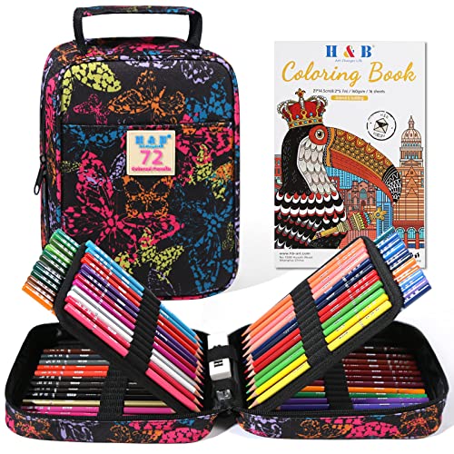 H & B 72-Color Colored Pencils Set with Coloring Book, Eraser, and Sharpener - Perfect for Drawing and Coloring - Soft Oil-Based Cores Ideal for Adults and Beginners - size: 1 count (Pack of 72), style: 1-Butterfly (Basic)