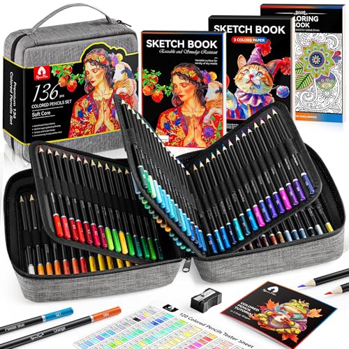 136 PCS Colored Pencils Set for Adult Coloring Books, 120 Colored Pencils with Sketchbook, Coloring Book, Sharpener, Soft Core Sketching Drawing Pencils, Art Supplies for Adults Artists (Grey)