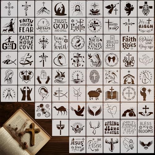 Marspark 72 Pcs Small Stencils for Crafts Reusable 3 Inch Stencils for Painting on Wood DIY Craft Paint Template for Wall Home Decor Card Rock Canvas Drawing Holiday (Jesus) - style: Jesus