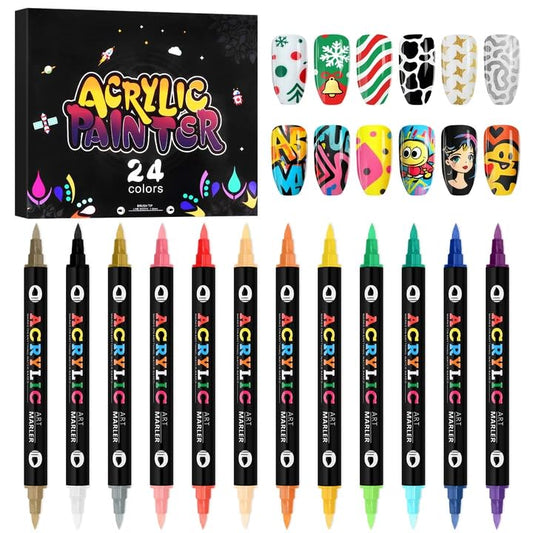 Kalolary 24 Color Nail Art Markers Set, 3D Nail Art Pens Point Nail Graffiti Dotting Pen Quick-Drying Waterproof Double Headed Acrylic Paint Pens Set for DIY Nails Art Design - color: 24 Color_B