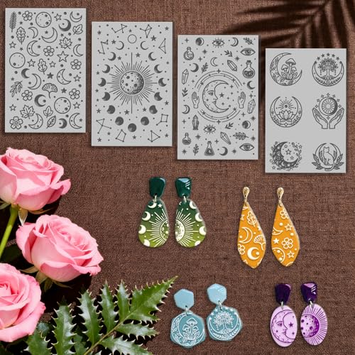 4 Sheets Moon Pattern Clay Texture Mat Phase Divination Elements Polymer Clay Texture Sheets DIY Tools for Pottery Earring Jewelry Making Stamp Engraving Machines, 3.9x2.6inch - style: Divination Elements