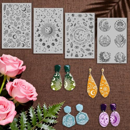 4 Sheets Moon Pattern Clay Texture Mat Phase Divination Elements Polymer Clay Texture Sheets DIY Tools for Pottery Earring Jewelry Making Stamp Engraving Machines, 3.9x2.6inch - style: Divination Elements