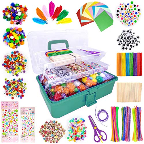 kortes Art and Craft Supplies for Boys and Girls, Toddler DIY Craft Art Supply Set Included Pipe Cleaners, Pom Poms, Feather, Folding Storage Box - All in One for Craft DIY Art Supplies(Green Box) - color: D0-Green