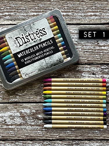 Ranger Ink Tim Holtz Distress Watercolor Pencils - Set 1 - Pack of 12 - and Detailer Water Brush