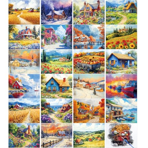 24 Pcs Dementia Products for Elderly Reusable Water Doodle Coloring Set Alzheimers Activities for Seniors Crafts with 2 Refillable Water Brushes Painting Gifts for Nursing Home(Country Life) - style: Country Life