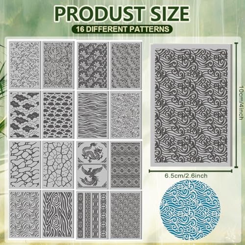 16 Pcs Ocean Waves Pattern Polymer Clay Texture Sheet Natural Clouds Patterns Rubber Clay Texture Mat for Polymer Clays Making Earrings Jewelry DIY Crafts, 4 × 2.5 Inch