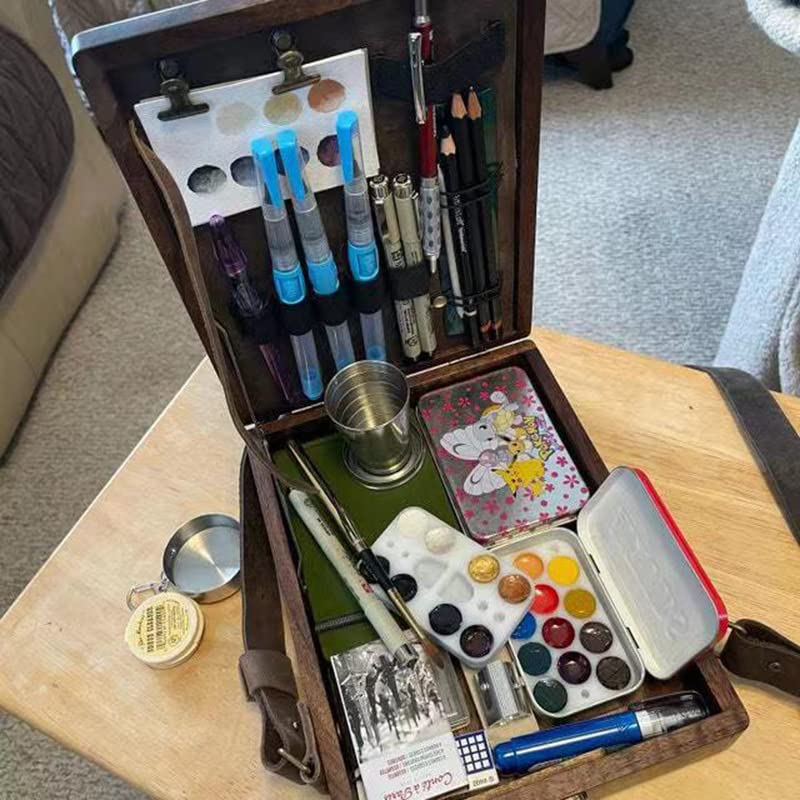 TSINGS Wooden Sketching Tool Box Wood Cross-Body Briefcase Portable Organizer Messenger Wooden Case Easel for Outdoor Painting & Writing - style: Brown