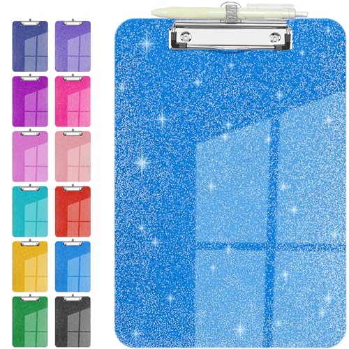 Sparkly Clipboard with Pen Holder Clear Plastic Glitter Clip Board Hanging Shiny Clipboards with Low Profile Metal Clip Letter A4 Size for Taecher Women Office School (Crystal Blue) - color: Crystal Blue