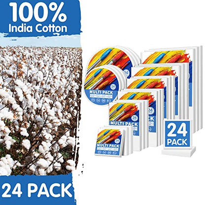 FIXSMITH 24 Pack Stretched Canvases, Multi Pack - 4x4, 5x7, 8x10, 9x12, 11x14, 12x16, Round Canvas 12x12, 8x8 (3 of Each), 100% Cotton, Primed Canvases for Acrylic, Oil, Wet or Dry Art Media… - size: Multipack-24 PK