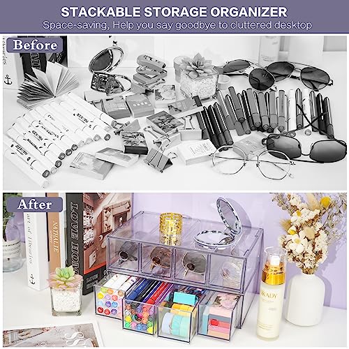 Desk Organizer with 8 Drawers, FODIENS 2 Packs Stackable Desktop Storage Box with Removable Drawer, Clear Sunglasses Organizer Display Case for Stationery Marker Pens Eyeglasses Office Supply - style: 2 Layers - 8 Drawers